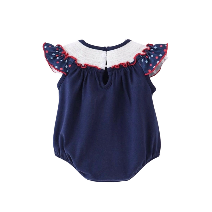 Patriotic Navy Flag Smocked Polka Dots Infant Romper: 12-18M