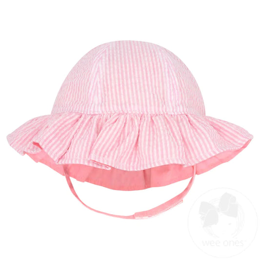 Girls Pink Reversible Seersucker Sun Hat (Add-A-Bow)