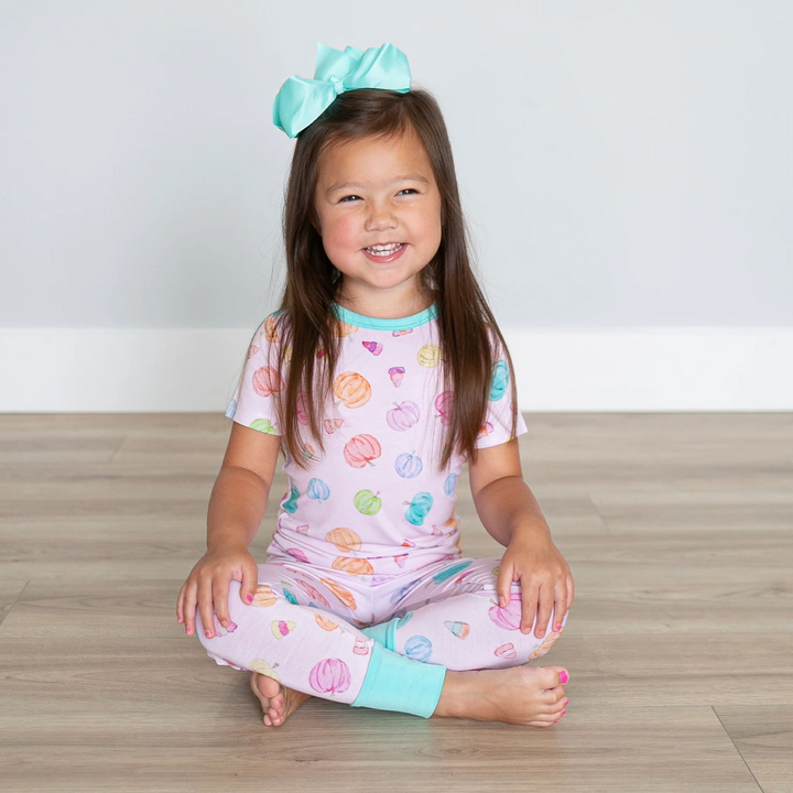 Pink Watercolor Pumpkin Bamboo Two-Piece Pajama Set: 6/7