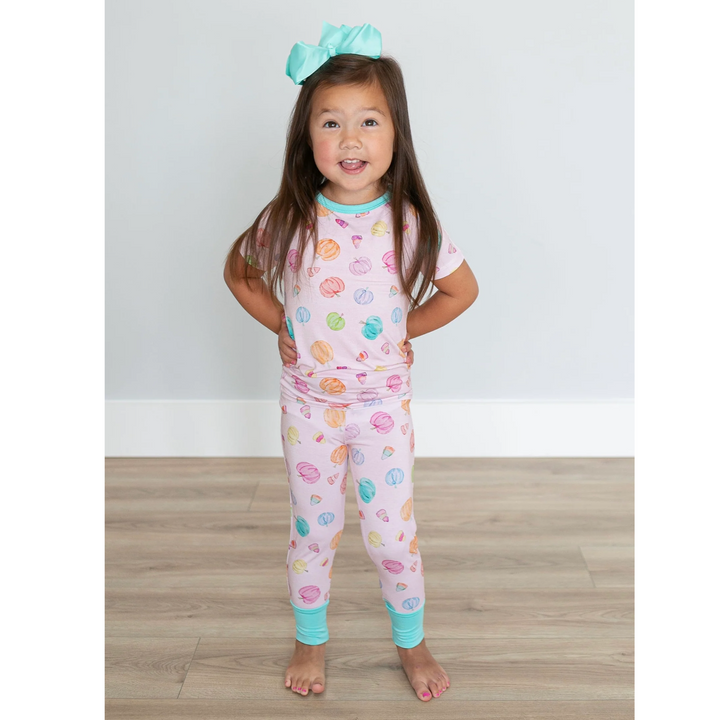 Pink Watercolor Pumpkin Bamboo Two-Piece Pajama Set: 6/7