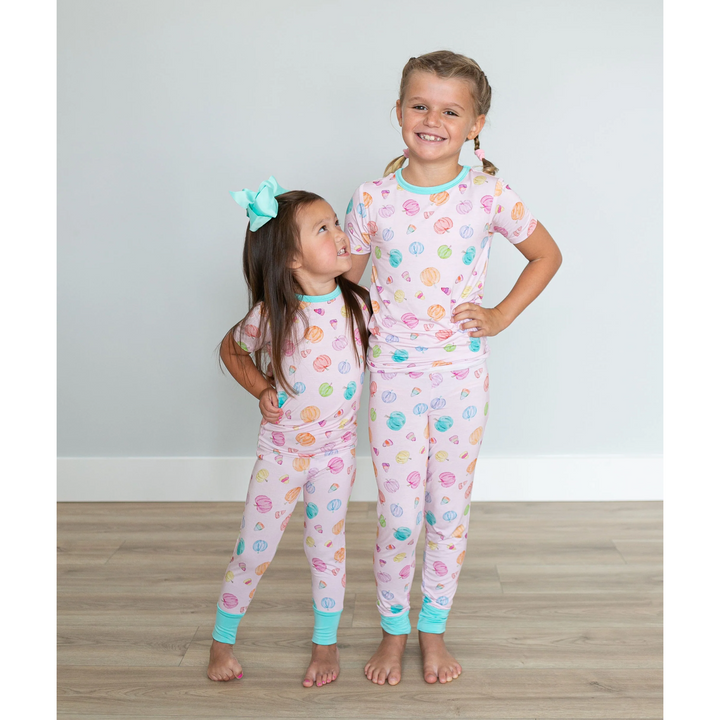 Pink Watercolor Pumpkin Bamboo Two-Piece Pajama Set: 6/7