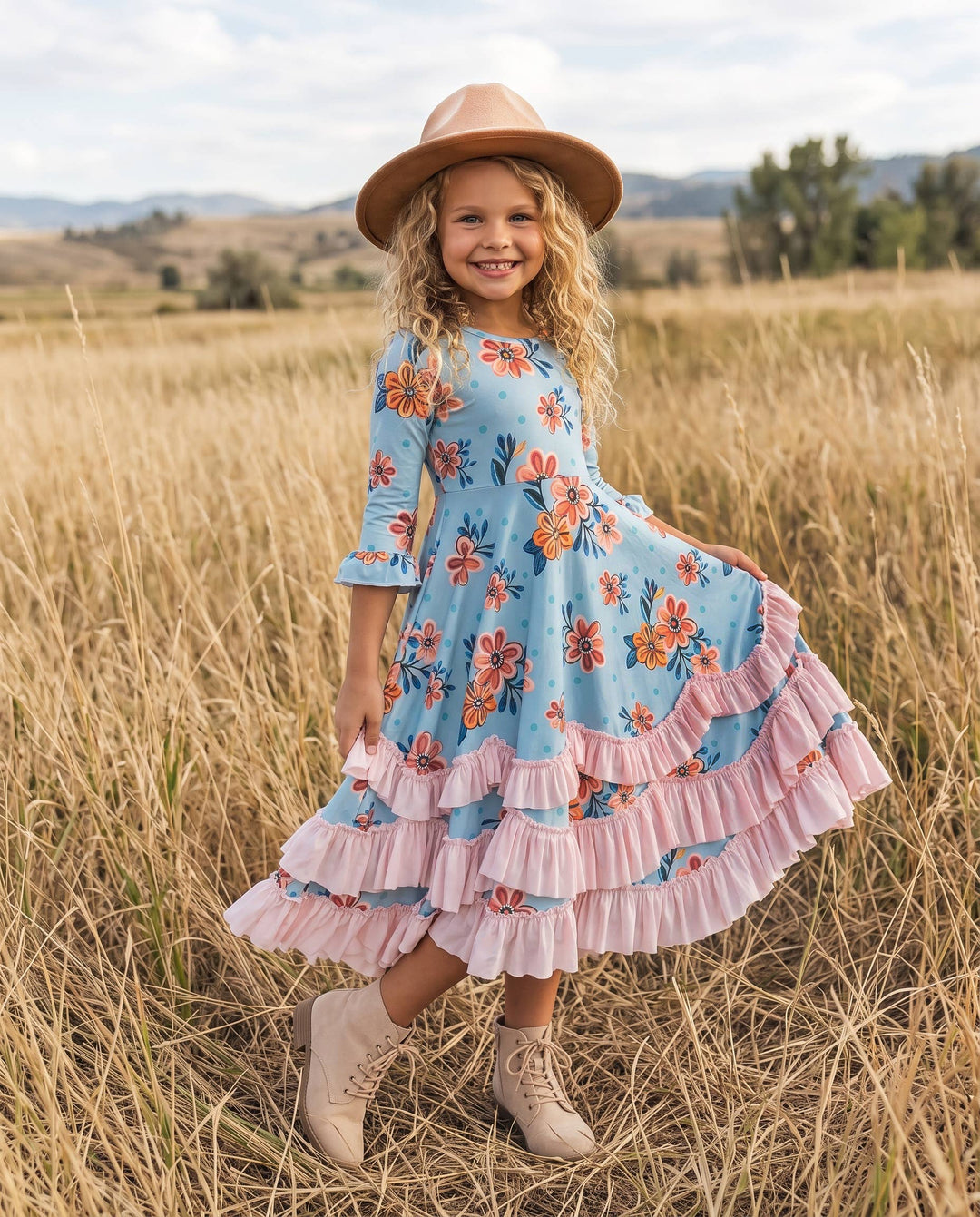 Girls Bella Blue & Blush Winter Garden Twirl Ruffles Dress