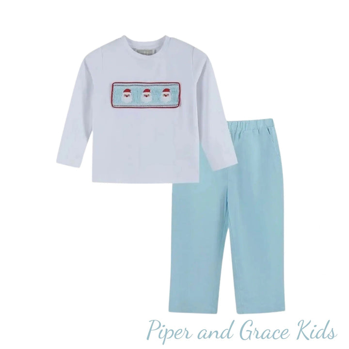 White Santa Smocked Shirt and Blue Pants Set