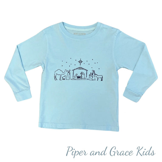 Blue Nativity Christmas Graphic T-Shirt: 3/4