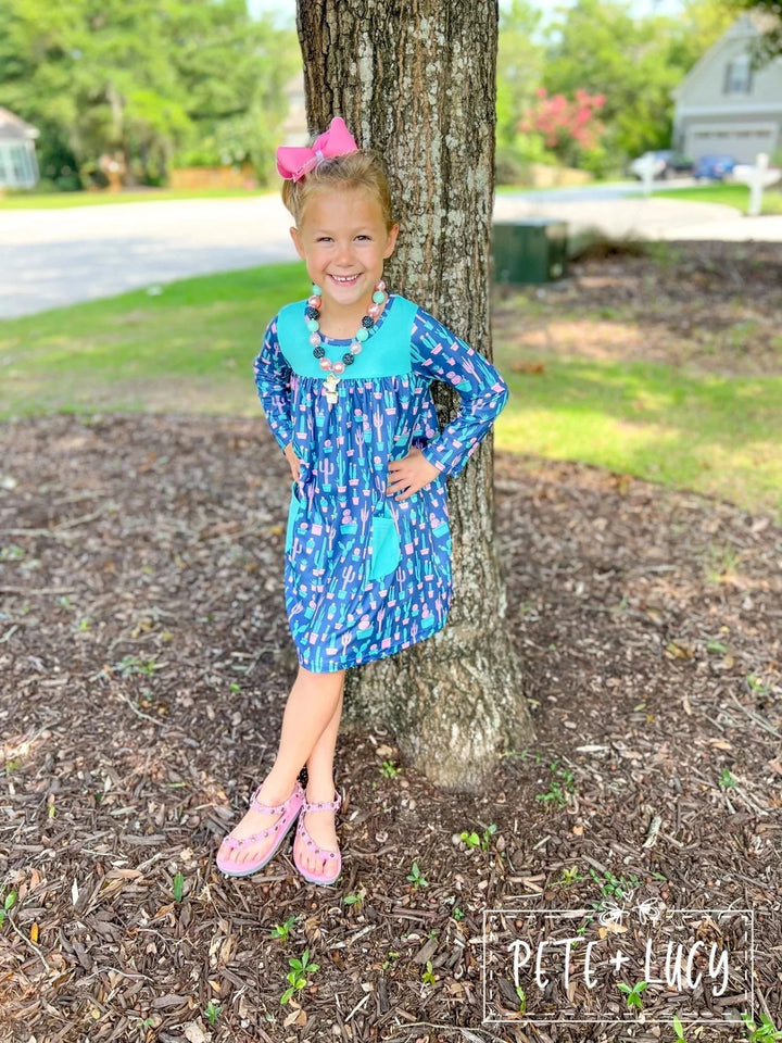 Boho Cactus Long Sleeve Dress: 3T, 10/12