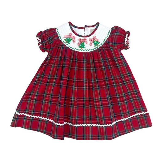 Red and Green Plaid Christmas Tree Short Sleeve Smocked Bishop Dress