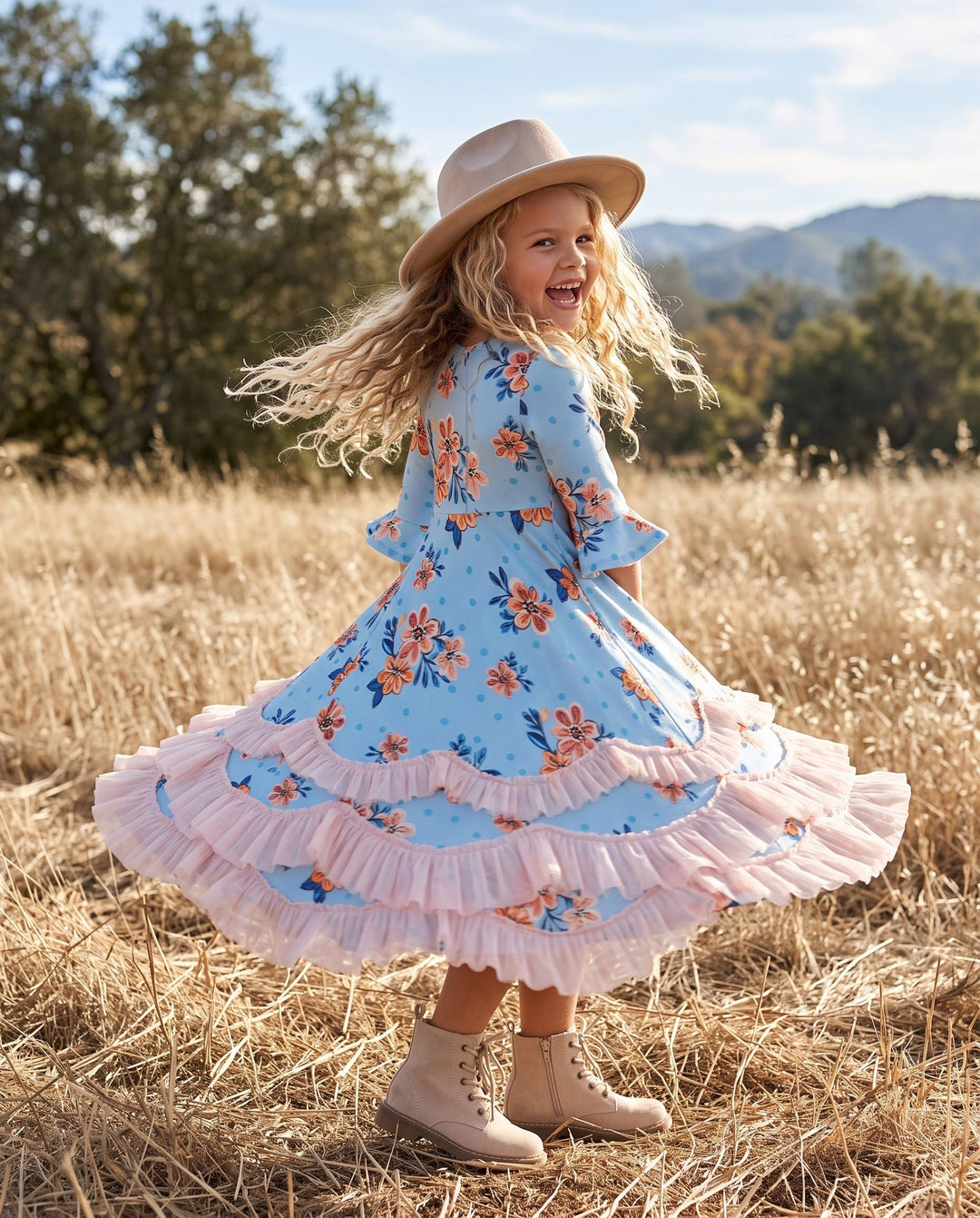 Girls Bella Blue & Blush Winter Garden Twirl Ruffles Dress