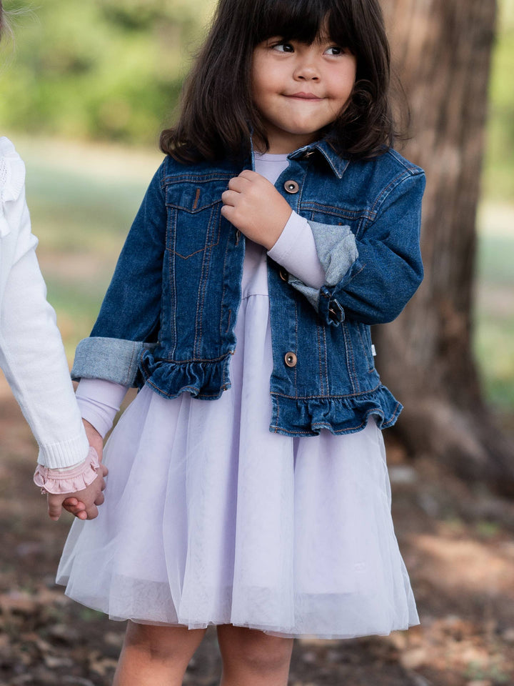 RuffleButts + RuggedButts - Girls Medium Wash Ruffle Denim Jacket