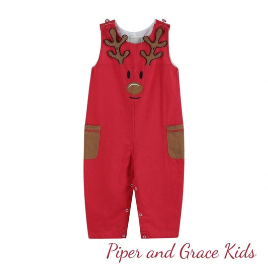 Red Reindeer Pocket Christmas Boys Overalls
