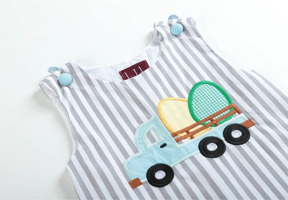 Grey Striped Easter Egg Truck Shortalls: 3-6M, 6-12M, 18-24M, 2T