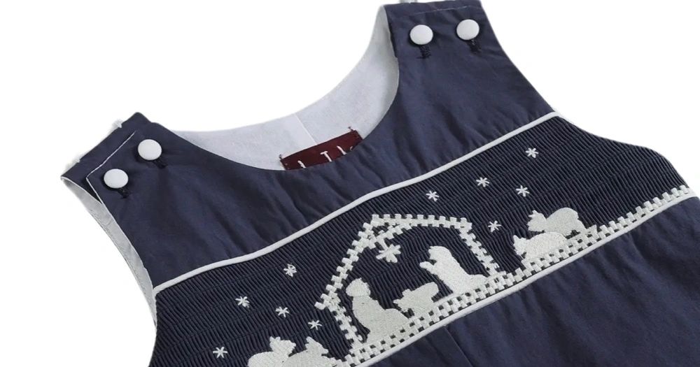 Dark Blue Nativity Smocked Christmas Boys Overalls