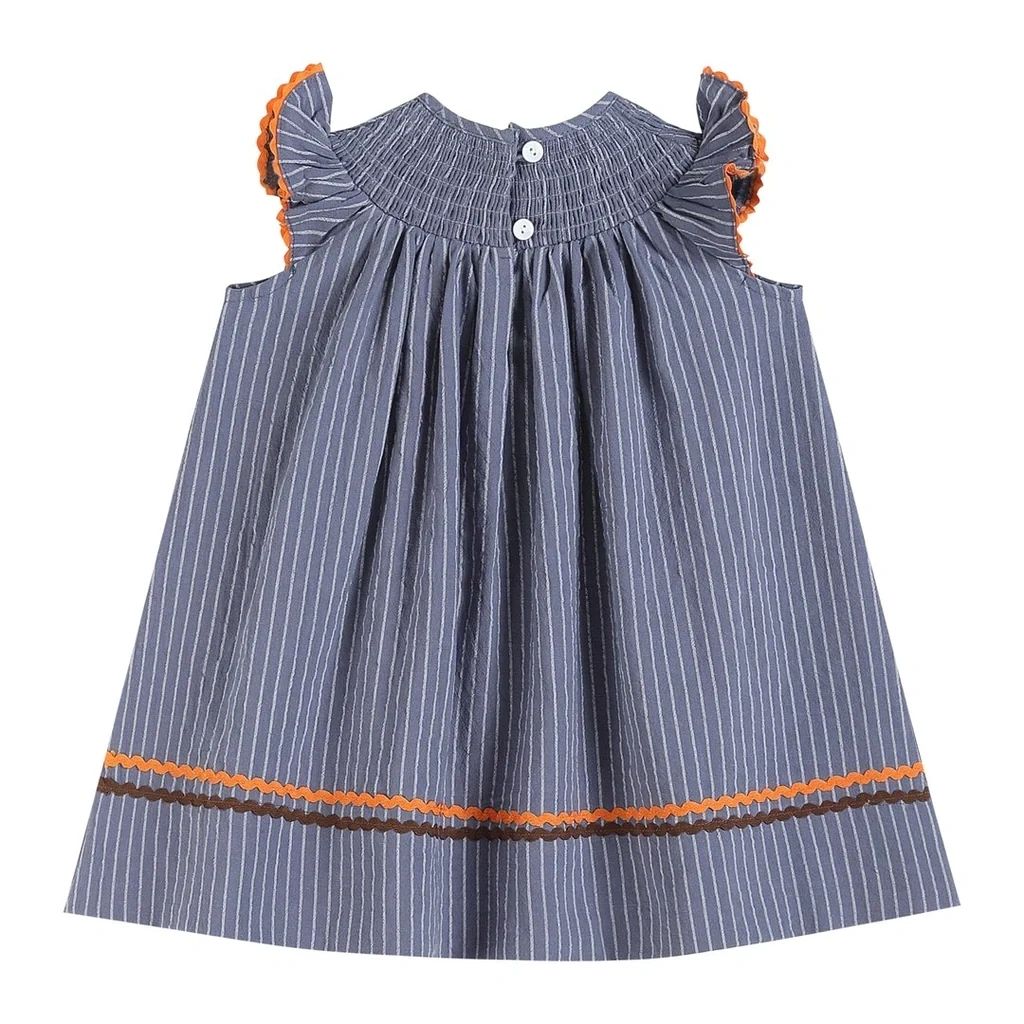 Blue-Gray Smocked Turkey and PumpkinsThanksgiving Dress: 3T, 4T, 5, 6