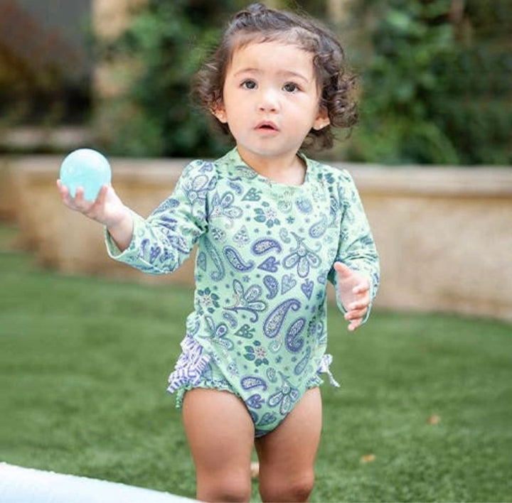 Seaglass Paisley Long Sleeve One Piece Rashguard Swimsuit: 0-3M