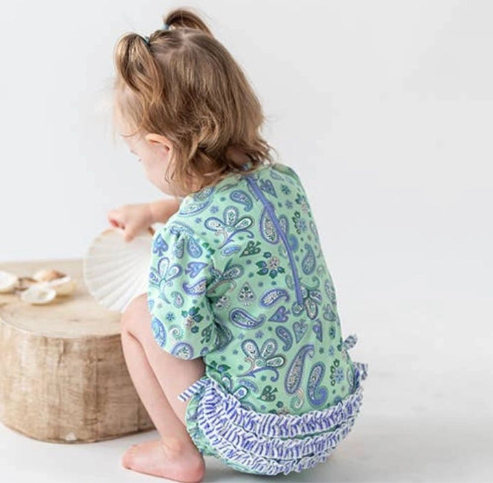 Seaglass Paisley Long Sleeve One Piece Rashguard Swimsuit: 0-3M