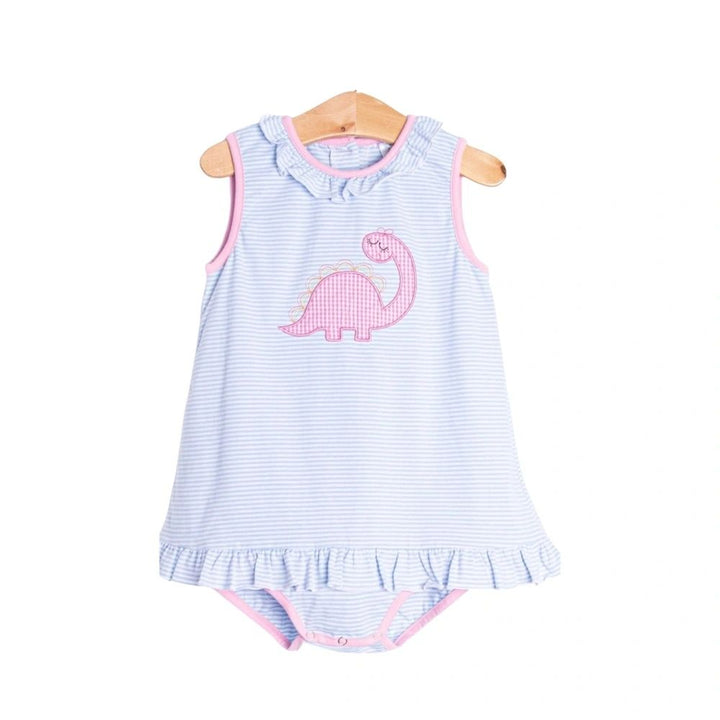 Pink Dinosaur Appliqué Skirted Bubble: 6M, 18M, 24M, 2T, 3T