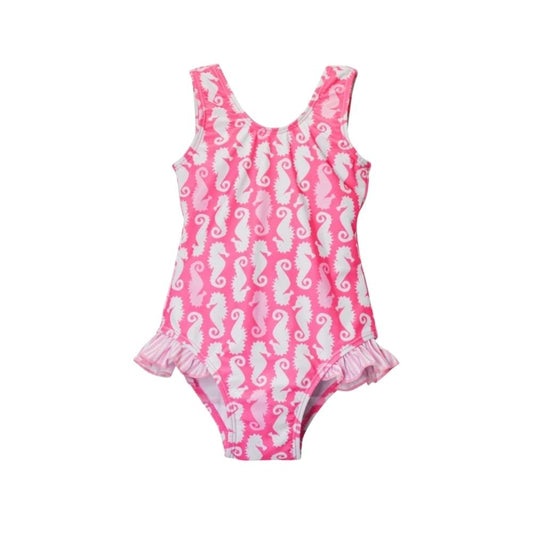Pink Seahorse Girls Ruffle Swimsuit