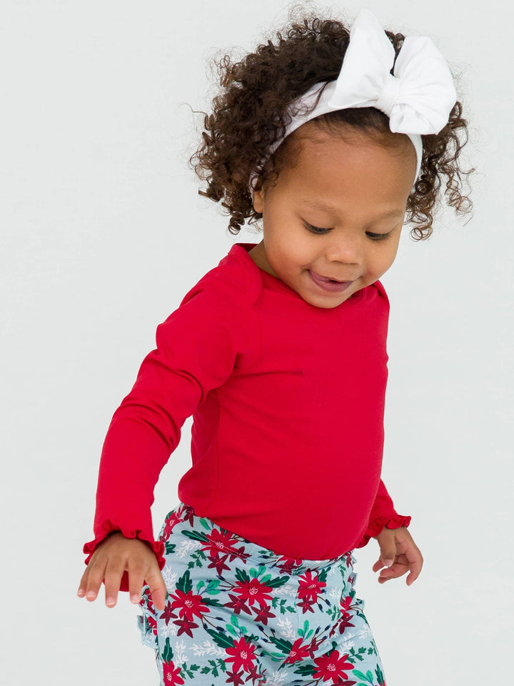 Girls Red Knit Long Sleeve Ruffle Bodysuit