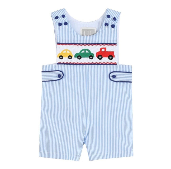 Light Blue Striped Car Smocked Romper Shortalls 3-6M