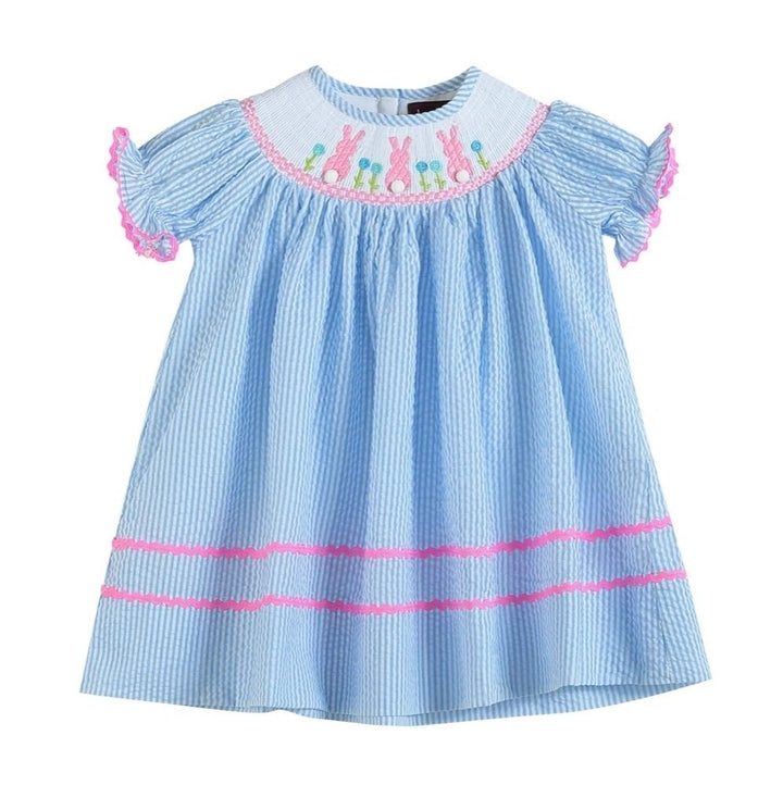 Blue Seersucker Pink Easter Bunnies Smocked Bishop Dress: 5