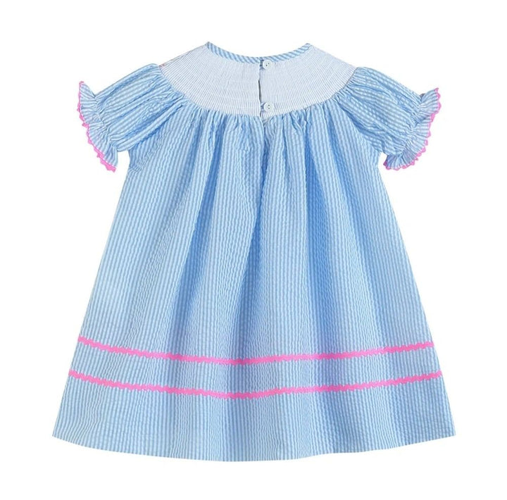 Blue Seersucker Pink Easter Bunnies Smocked Bishop Dress: 5