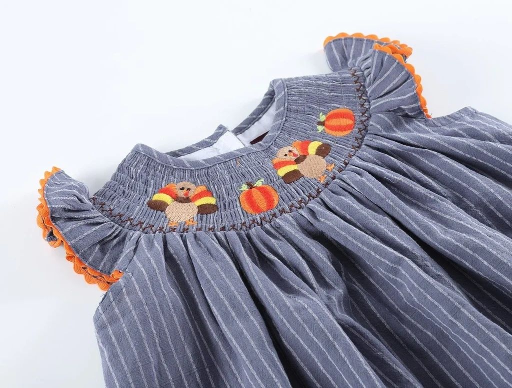 Blue-Gray Smocked Turkey and PumpkinsThanksgiving Dress: 4T, 5, 6