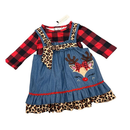Reindeer Denim and Gingham Two-Piece Christmas Dress 6-12M