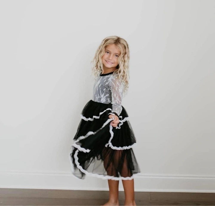 Three tiered Black and White Lace Dress 4, 7, 8, 10