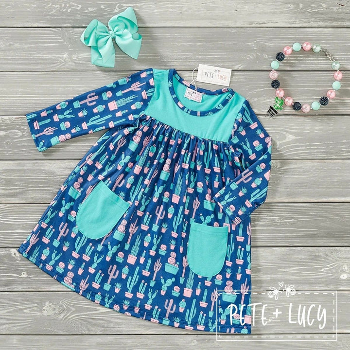 Boho Cactus Long Sleeve Dress: 3T, 10/12