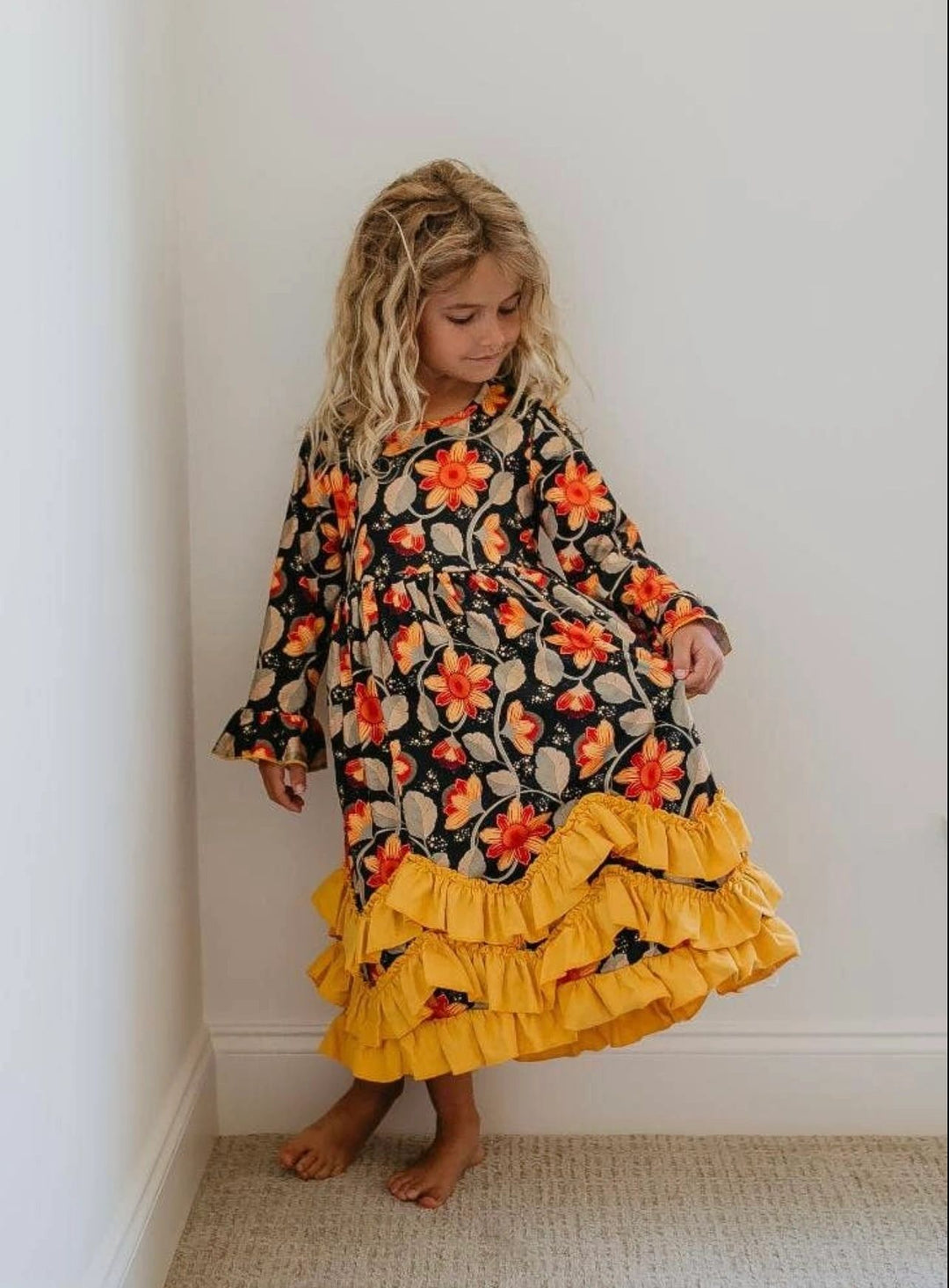 Black/Mustard Floral Twirl Dress