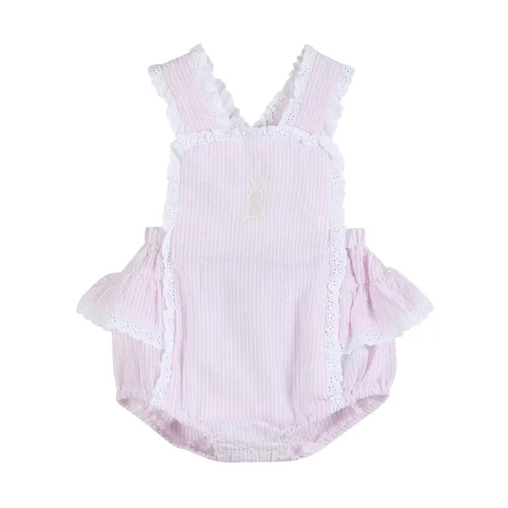 Bunny Ruffle Romper | Pink Seersucker