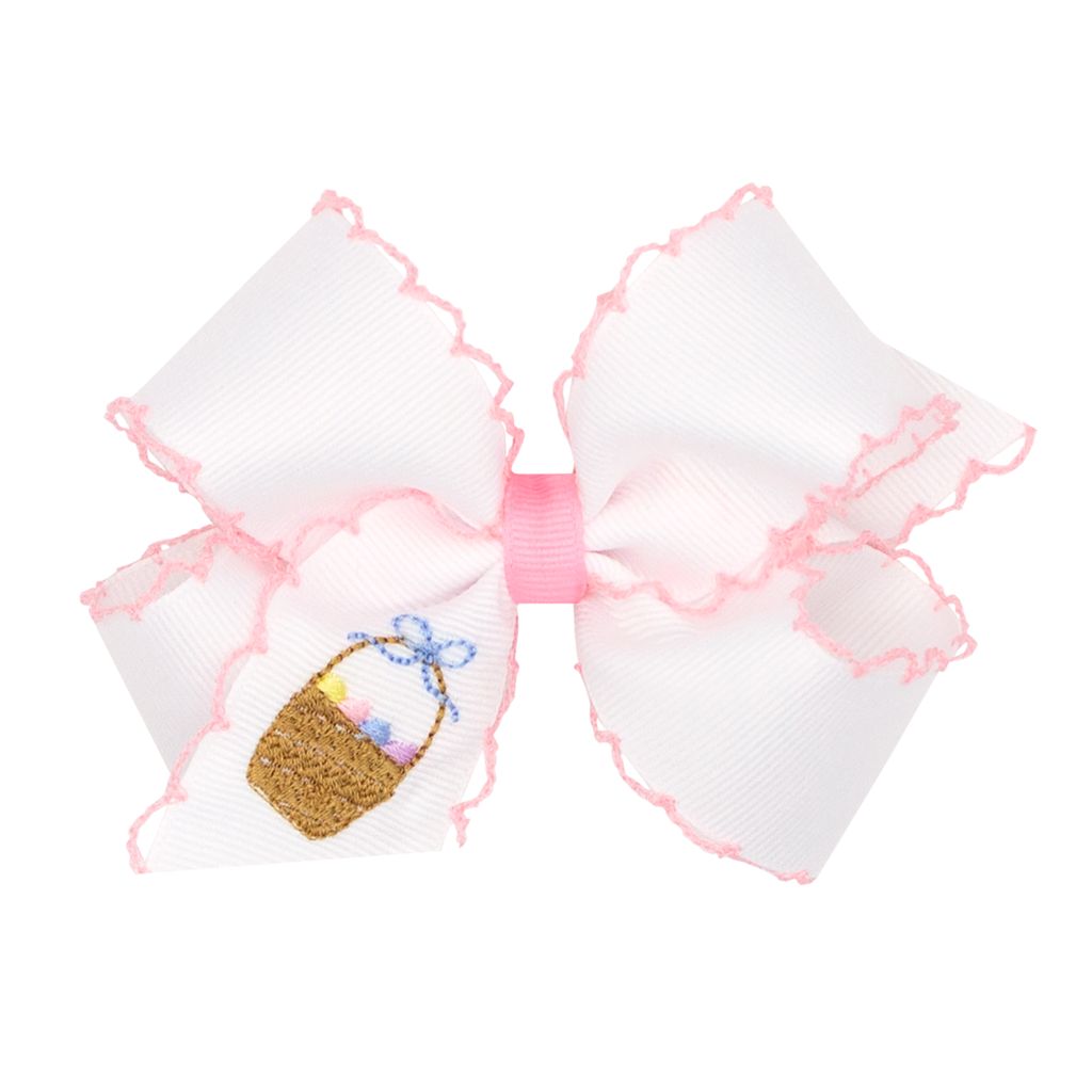 Medium White Grosgrain Easter w/ Pink Moonstitch - Easter Basket