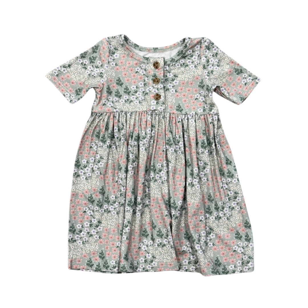 Girls Short Sleeve Henley Dress | Aqua Grey Floral